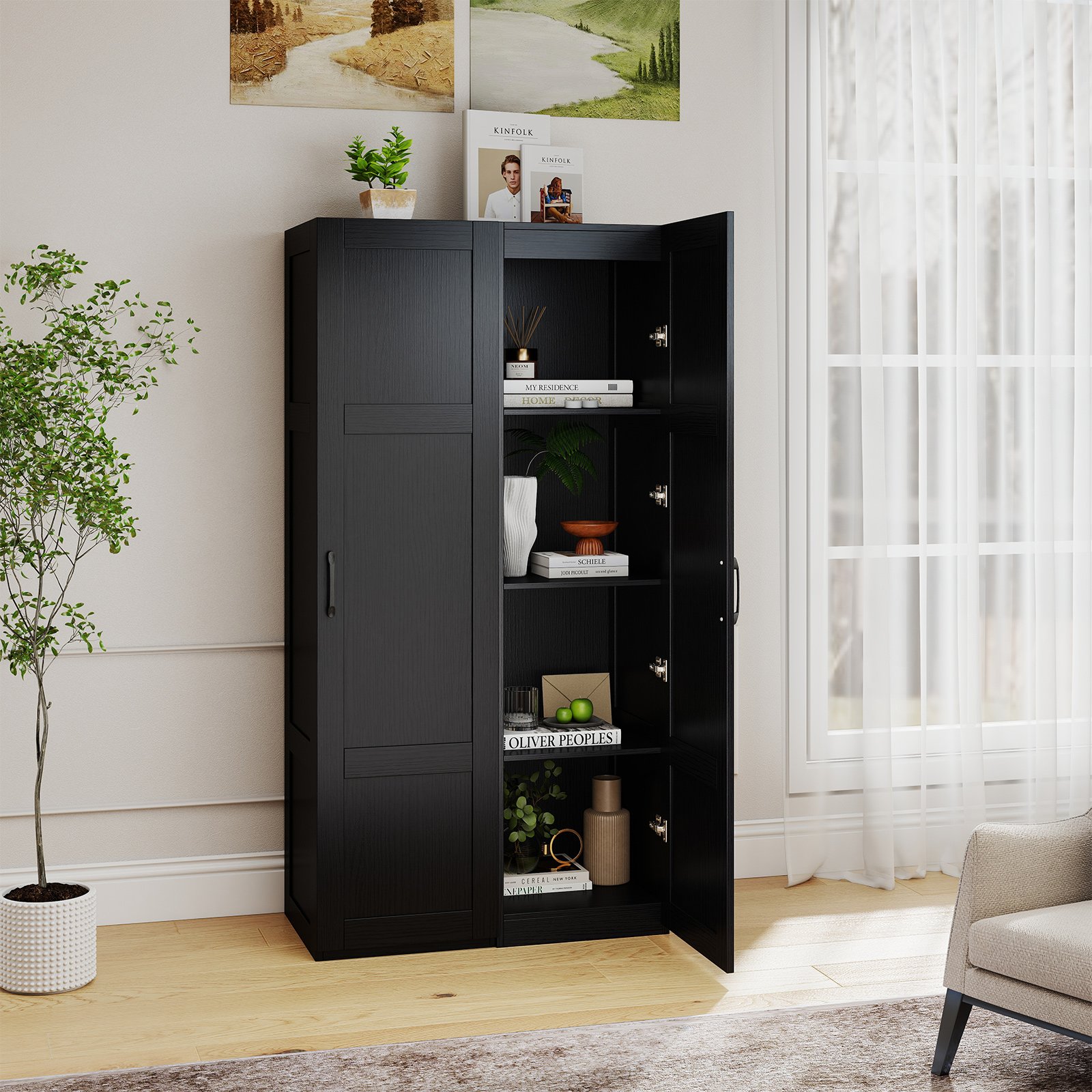 Costway 150 cm Hoge Opbergkast Vrijstaande 4-laags Bodemkast met Deur Zwart