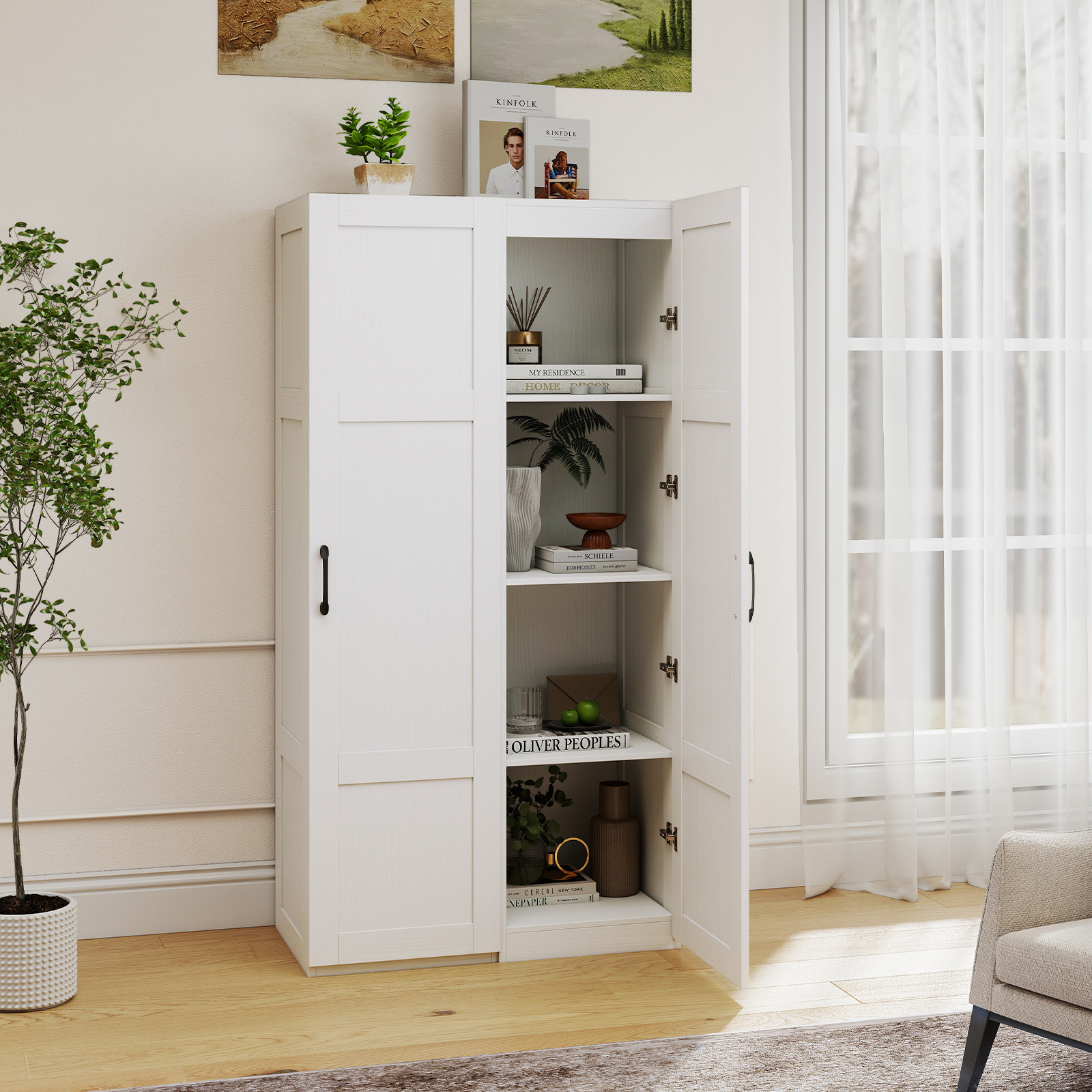 Costway 150 cm Hoge Opbergkast Vrijstaande 4-traps Bodemkast met Deur Wit