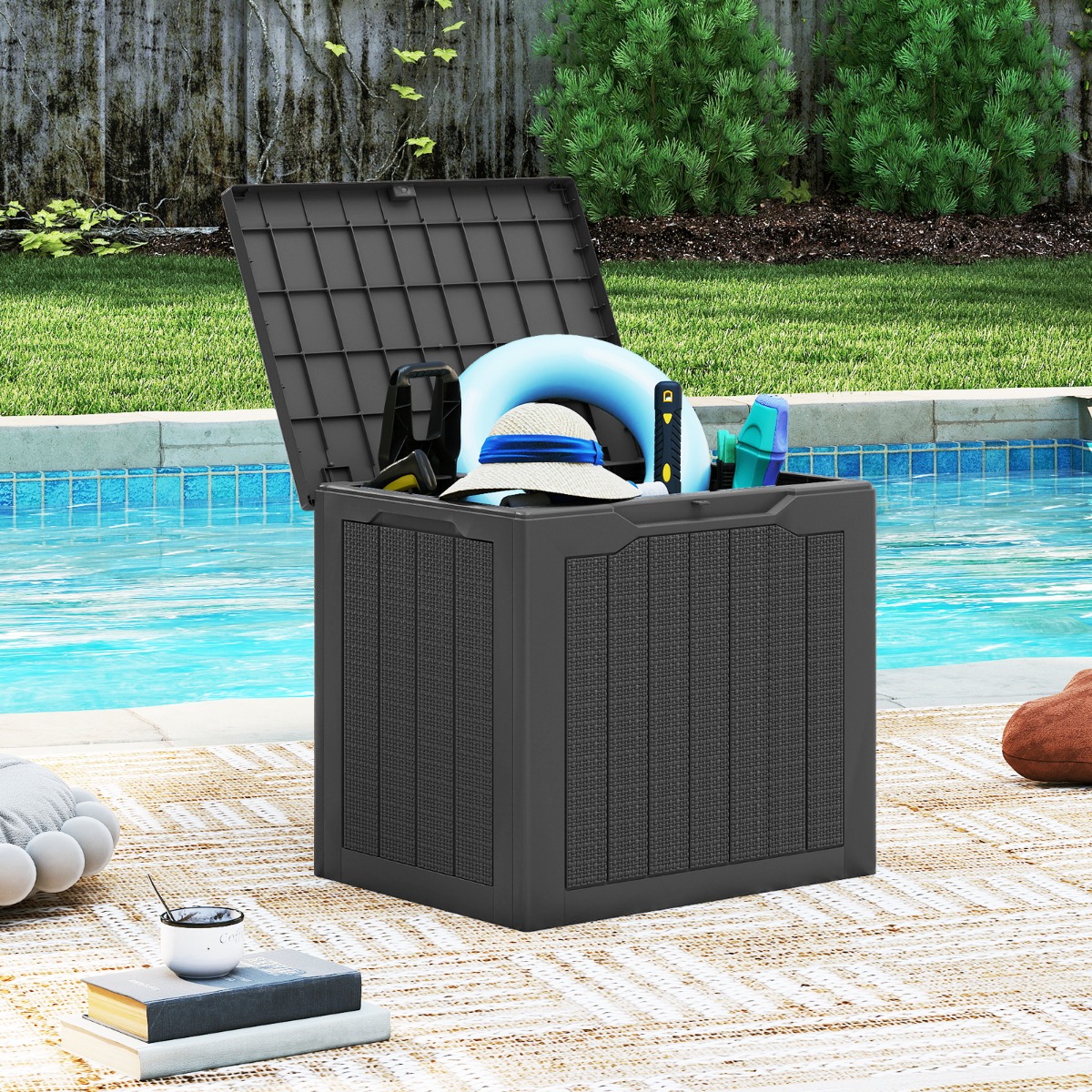 Costway Buitenopbergbox 96 L Dekbox met Afsluitbaar Deksel & Gevlochten Rattanlook Zwart