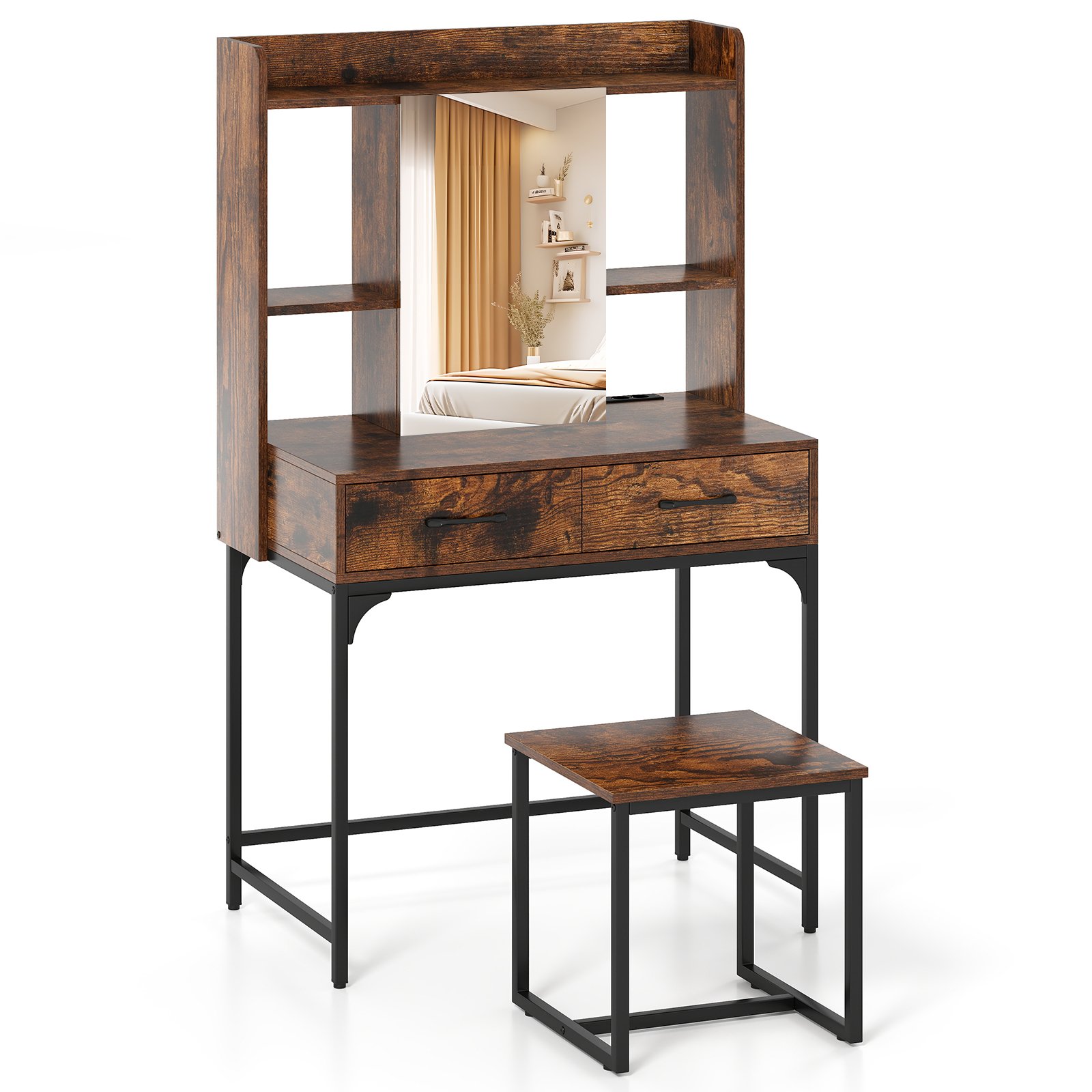 Costway Make-up Tafelset met Spiegel Make-up Tafel met Oplaadstation Lades Open Planken Rustiek Bruin