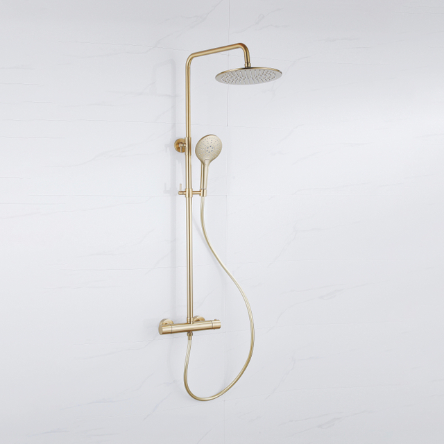 Fortifura Calvi Regendoucheset - thermostatisch - 25cm hoofddouche - gladde slang - ronde handdouche - Geborsteld Messing PVD (Goud) SW1159501 SW799449 SW728176