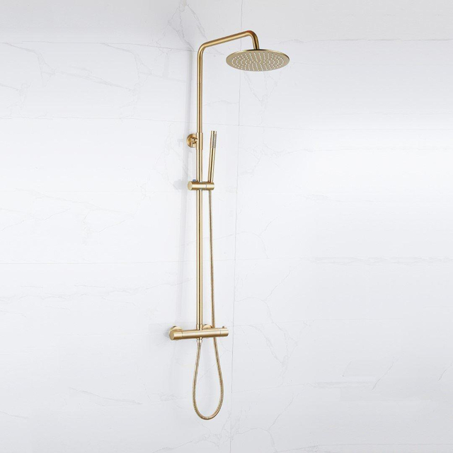Fortifura Calvi Regendoucheset - thermostatisch - 25cm hoofddouche - gladde slang - staaf handdouche - Geborsteld Messing PVD (Goud) SW1159501 SW728176