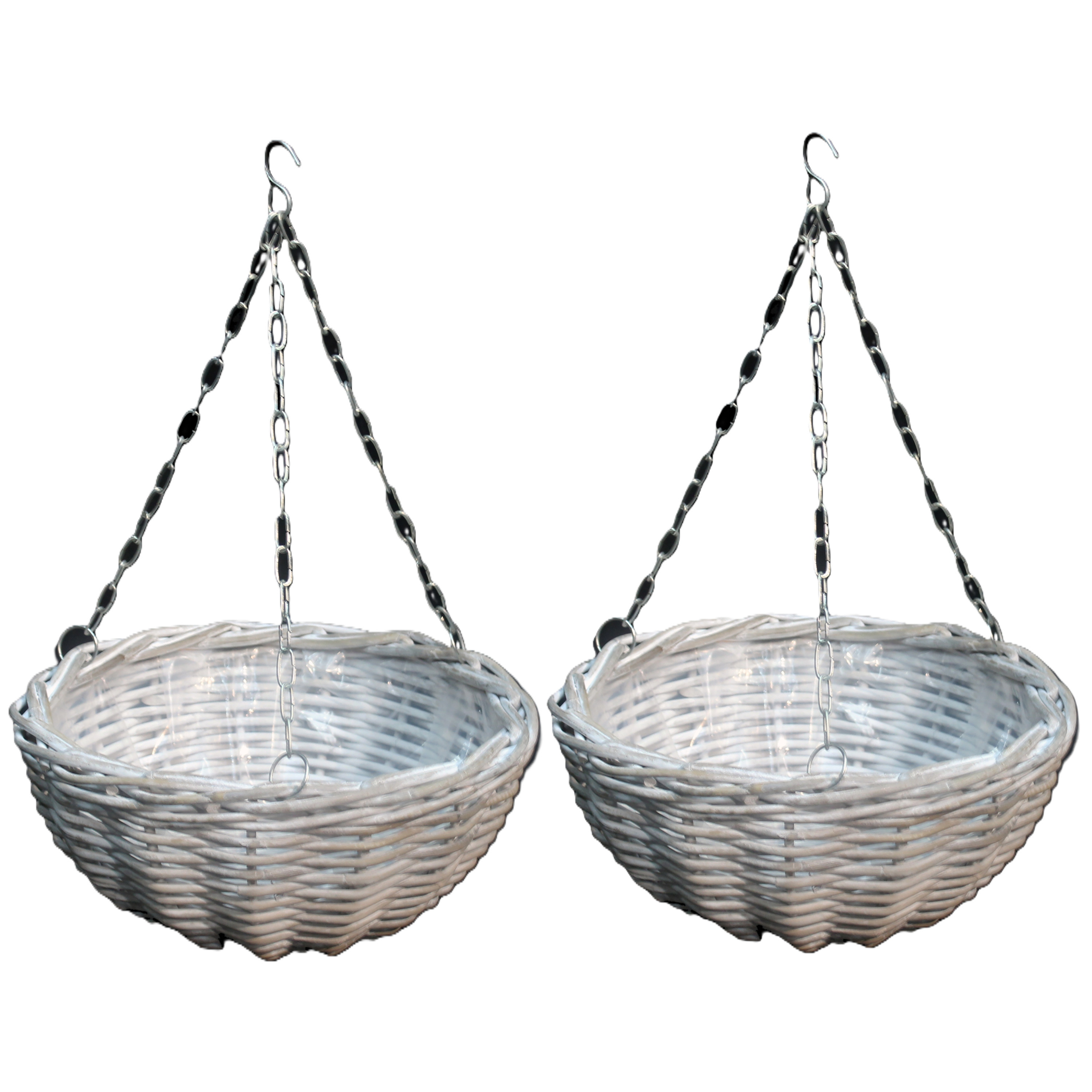 Van der Leeden Hangmand - 2x - wit - D40 cm - wilg gevlochten - hangende plantenbak - aan ketting - plantenmand -