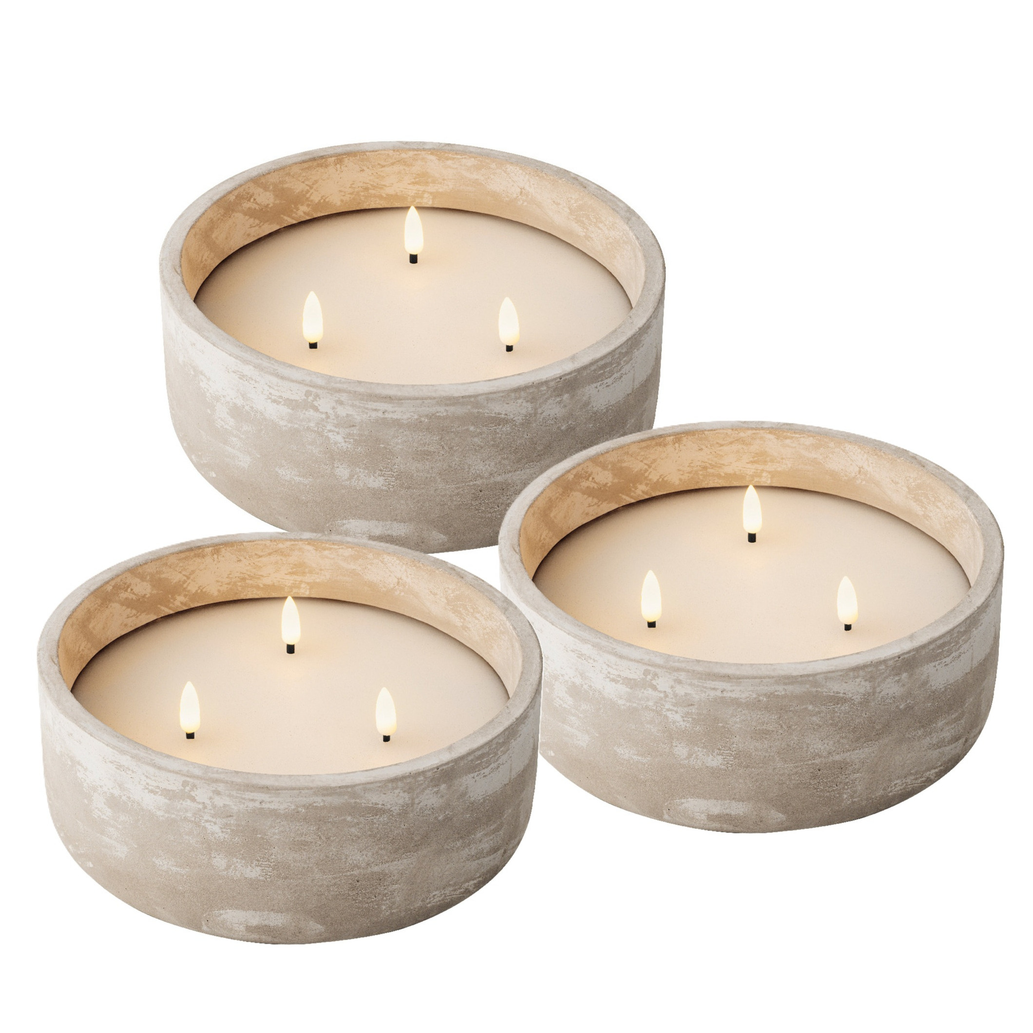 Lumineo LED buiten kaars met 3 lonten - 3x st - beton grijs - D20 x H8 cm - voor buiten -