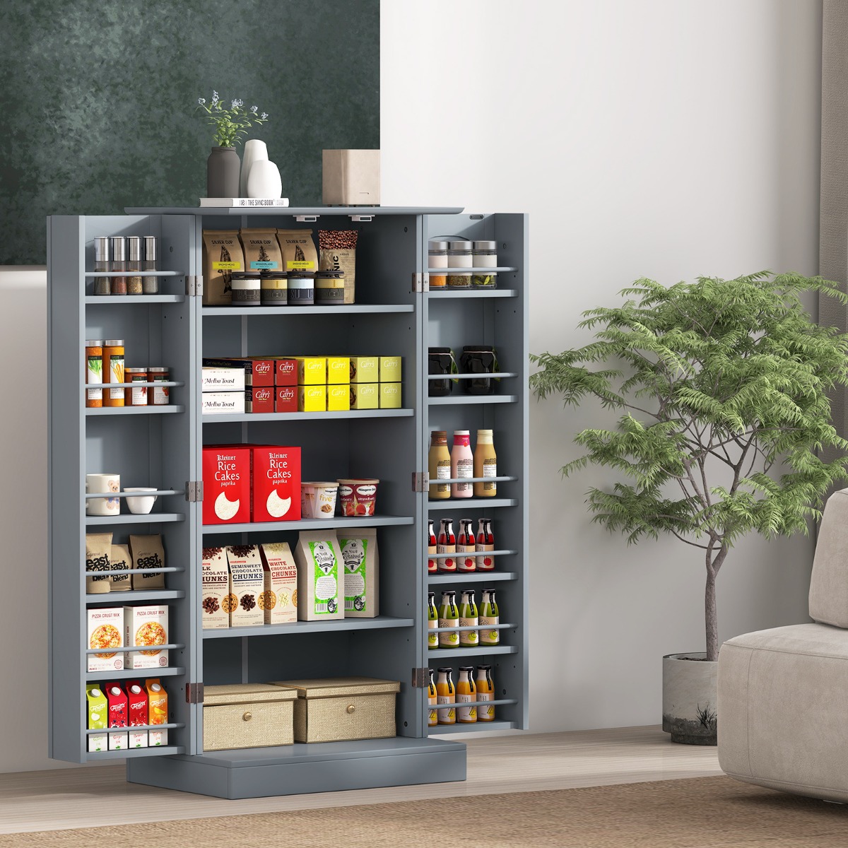 Costway Keuken Kast met 2 Deuren en 6 Verstelbare Planken Voorraadkast Grijs