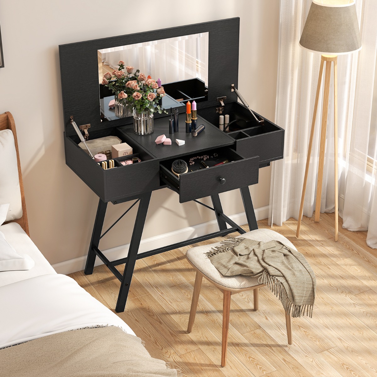 Costway Make-up Tafel met Grote Spiegel & Oplaadstation & Klapdeksel & Lade Cosmeticatafel Zwart