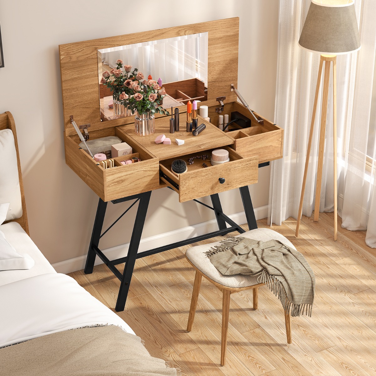 Costway Make-up Tafel met Grote Spiegel & Oplaadstation & Klapdeksel & Lade Cosmeticatafel Natuur