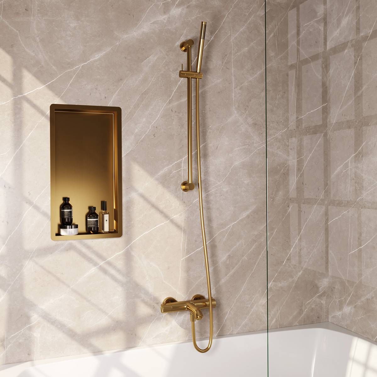 Brauer Stripe thermostatische badkraan met glijstang en staafhanddouche messing geborsteld PVD