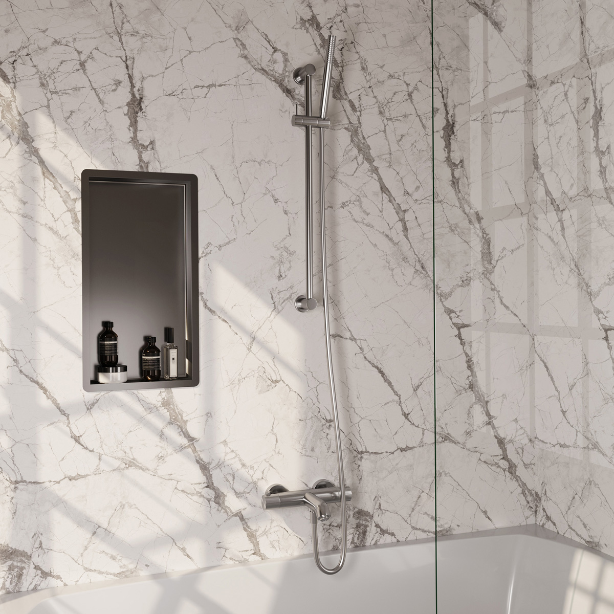 Brauer Stripe thermostatische badkraan met glijstang en staafhanddouche RVS geborsteld PVD