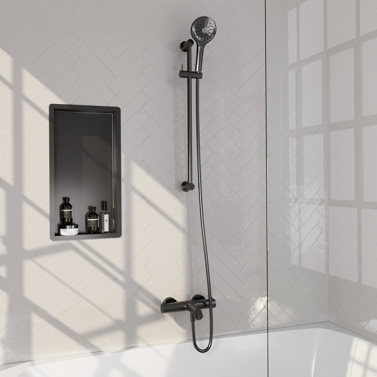 Brauer Stripe thermostatische badkraan met glijstang en 3 standen handdouche gunmetal geborsteld PVD