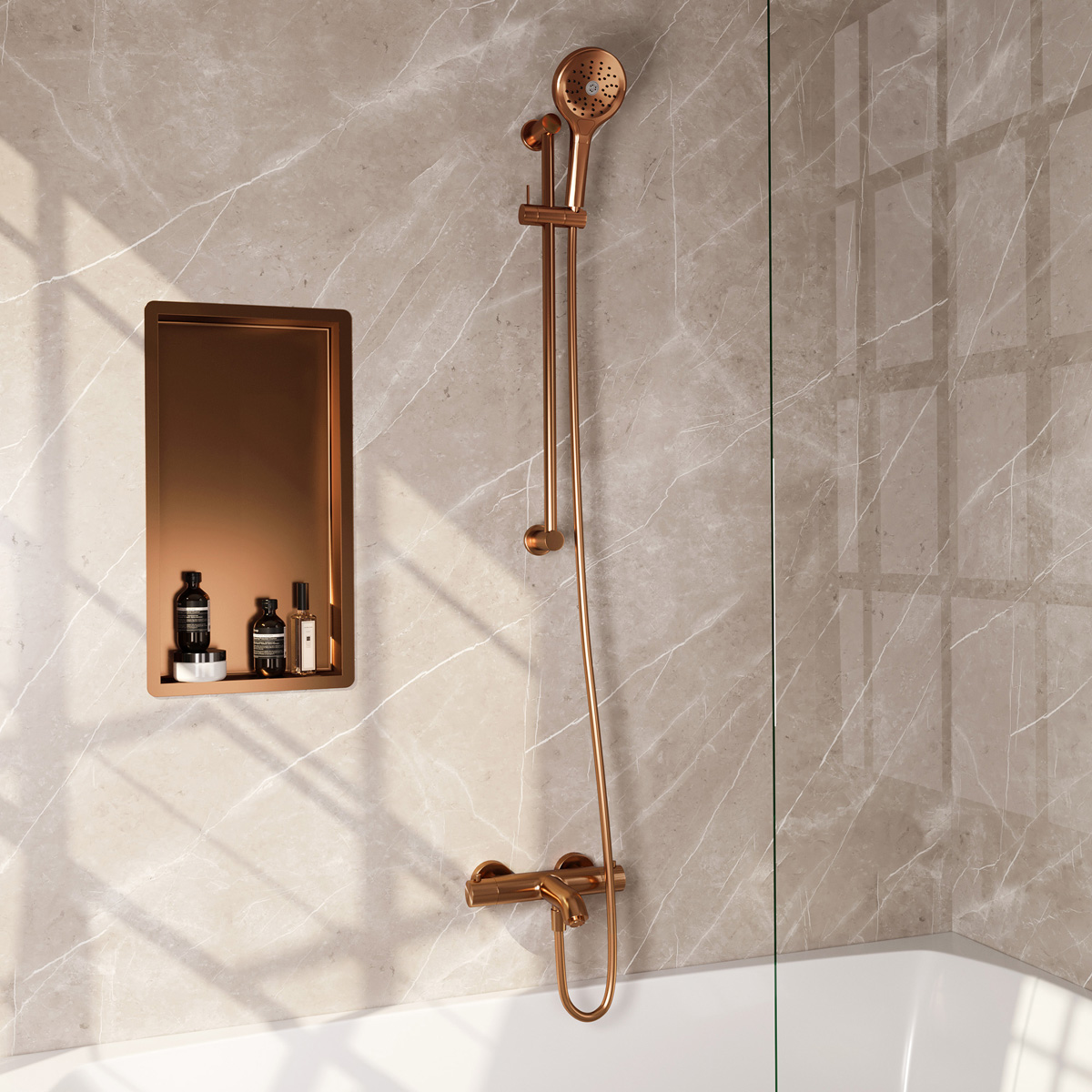 Brauer Stripe thermostatische badkraan met glijstang en 3 standen handdouche koper geborsteld PVD