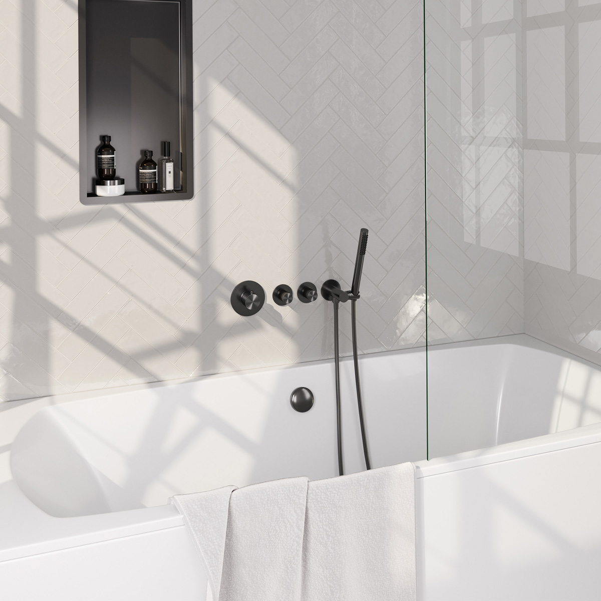 Brauer Stripe inbouw badkraan met badvulcombinatie en staafhanddouche gunmetal geborsteld PVD