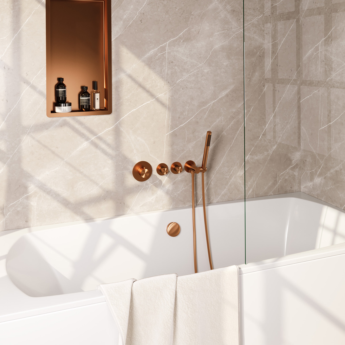 Brauer Stripe inbouw badkraan met badvulcombinatie en staafhanddouche koper geborsteld PVD