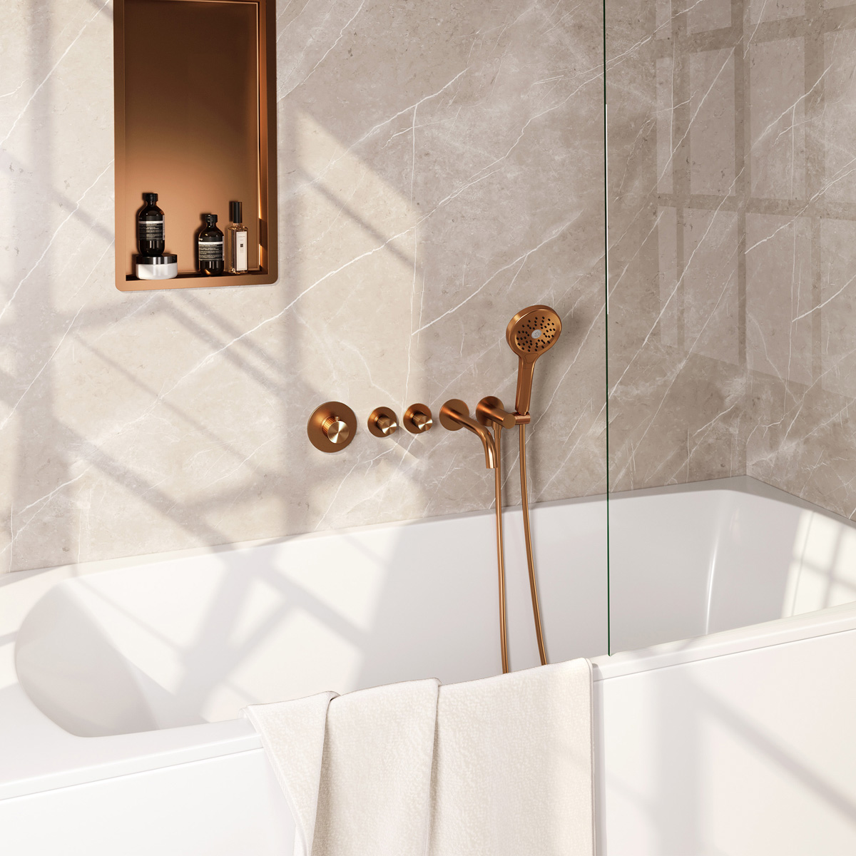 Brauer Stripe inbouw badkraan met 3 standen handdouche koper geborsteld PVD