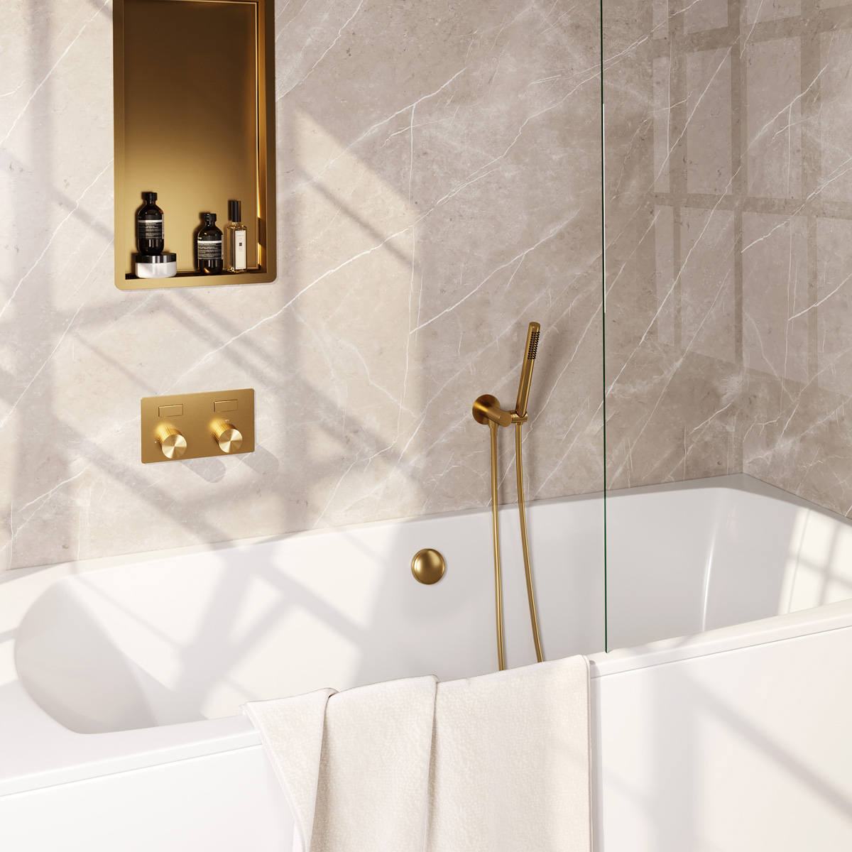 Brauer Stripe inbouw badkraan met drukknoppen, badvulcombinatie en staafhanddouche messing geborsteld PVD