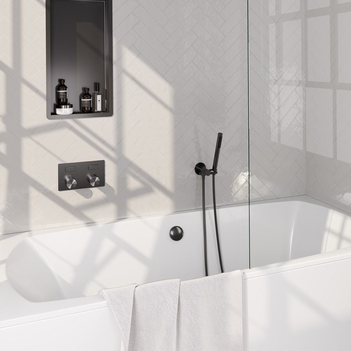 Brauer Stripe inbouw badkraan met drukknoppen, badvulcombinatie en staafhanddouche gunmetal geborsteld PVD