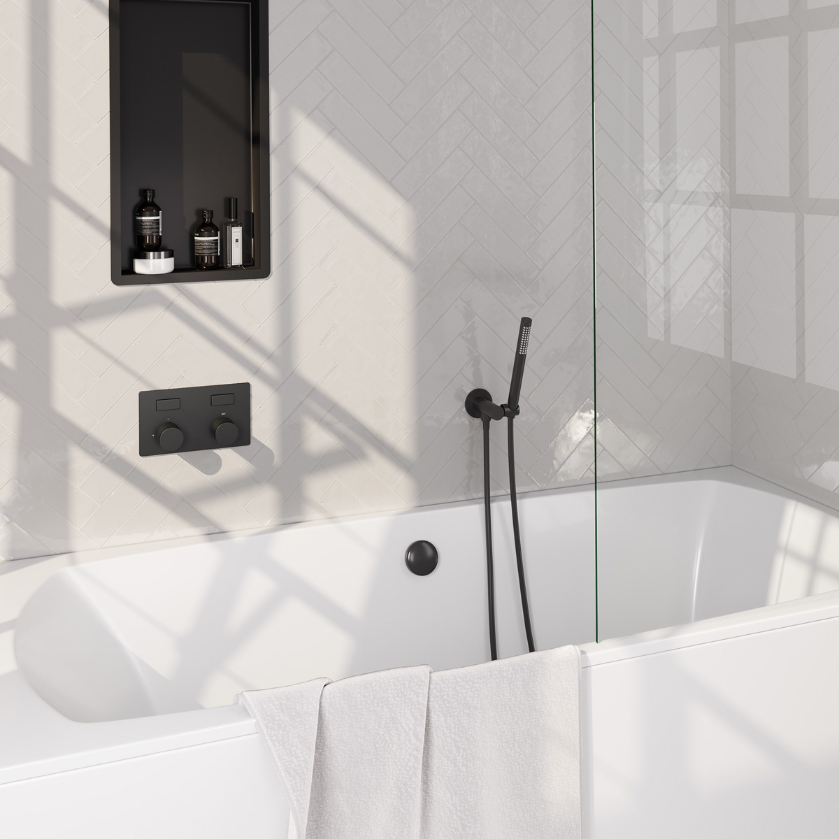 Brauer Stripe inbouw badkraan met drukknoppen, badvulcombinatie en staafhanddouche zwart mat