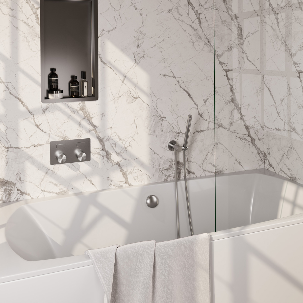 Brauer Stripe inbouw badkraan met drukknoppen, badvulcombinatie en staafhanddouche RVS geborsteld PVD