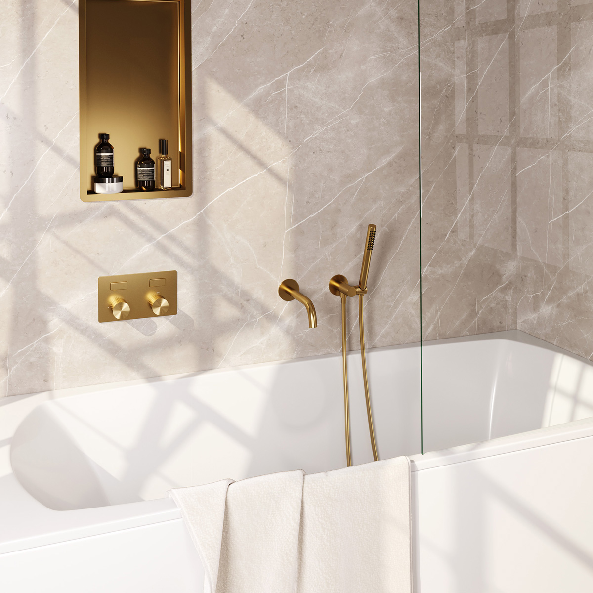 Brauer Stripe inbouw badkraan met drukknoppen en staafhanddouche messing geborsteld PVD