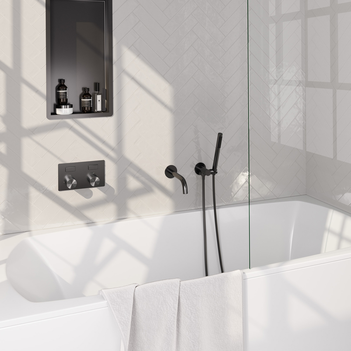 Brauer Stripe inbouw badkraan met drukknoppen en staafhanddouche gunmetal geborsteld PVD