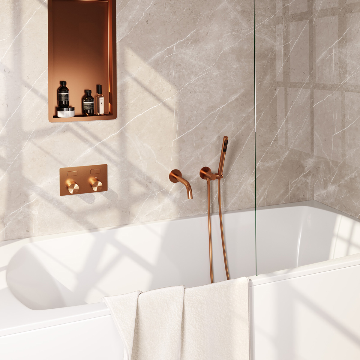 Brauer Stripe inbouw badkraan met drukknoppen en staafhanddouche koper geborsteld PVD
