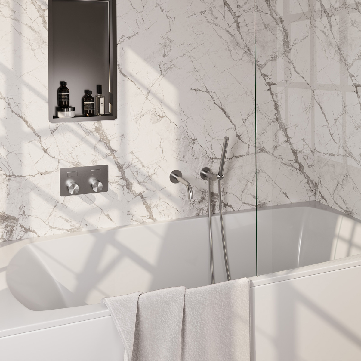 Brauer Stripe inbouw badkraan met drukknoppen en staafhanddouche RVS geborsteld PVD