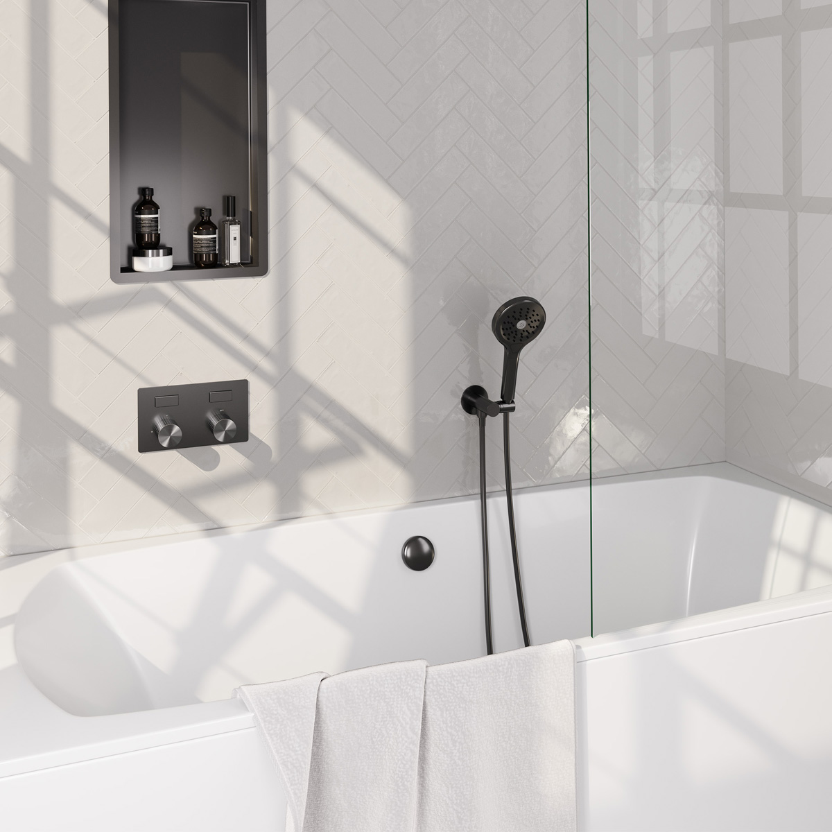 Brauer Stripe inbouw badkraan met drukknoppen, badvulcombinatie en 3 standen handdouche gunmetal geborsteld PVD