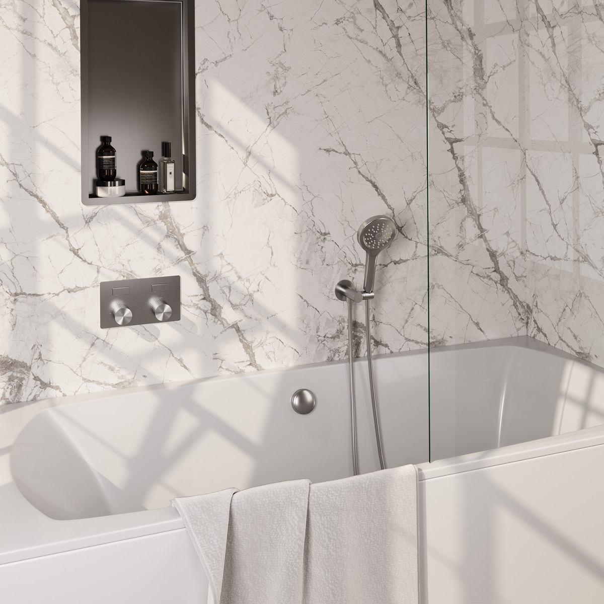 Brauer Stripe inbouw badkraan met drukknoppen, badvulcombinatie en 3 standen handdouche RVS geborsteld PVD