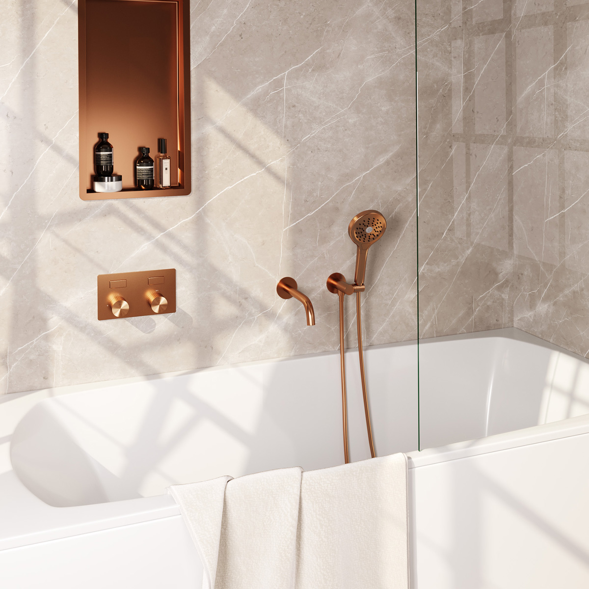 Brauer Stripe inbouw badkraan met drukknoppen en 3 standen handdouche koper geborsteld PVD