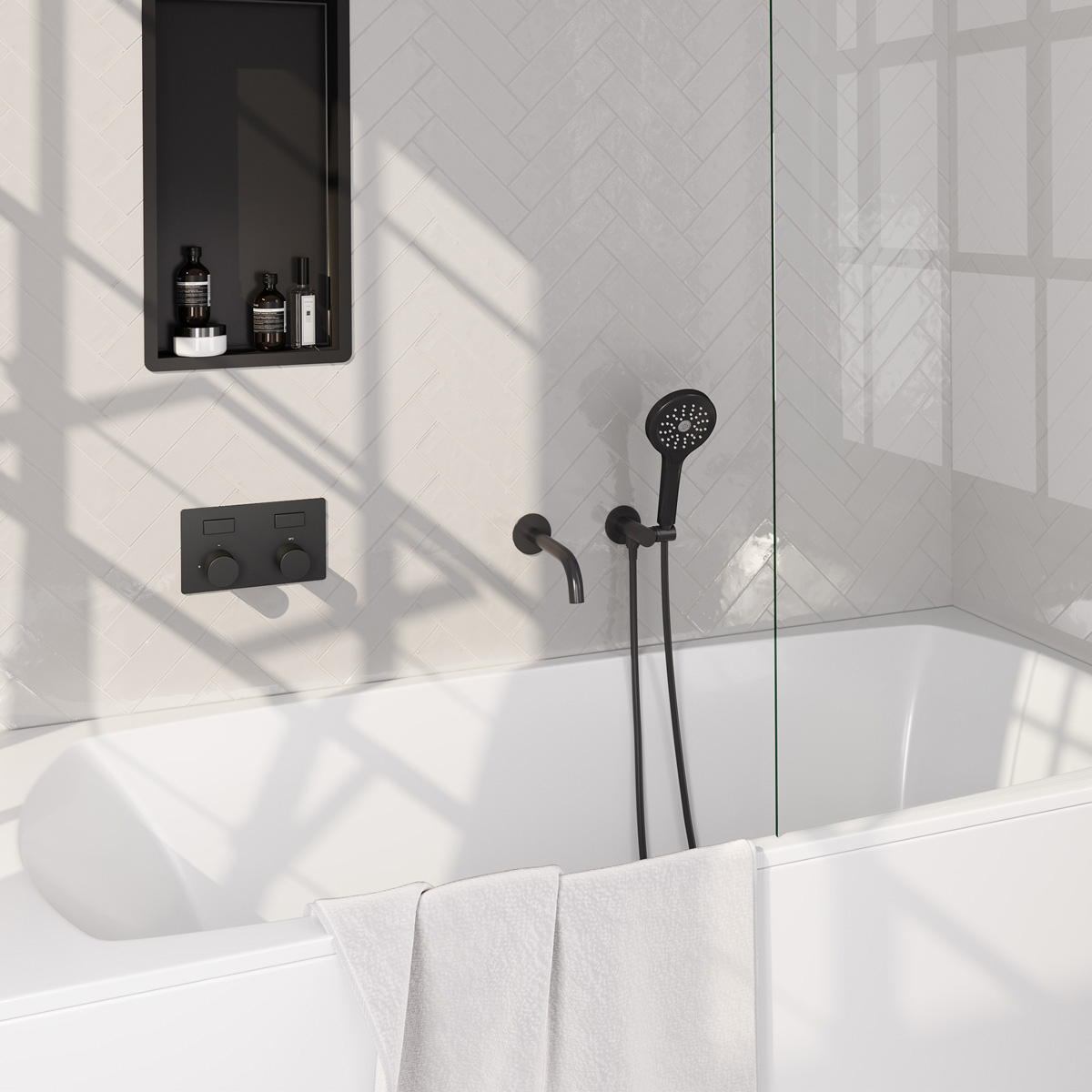 Brauer Stripe inbouw badkraan met drukknoppen en 3 standen handdouche zwart mat