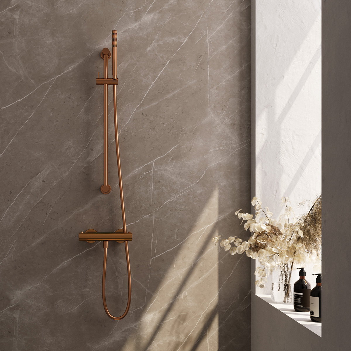 Brauer Stripe thermostatische douchekraan met glijstang en staafhanddouche koper geborsteld PVD