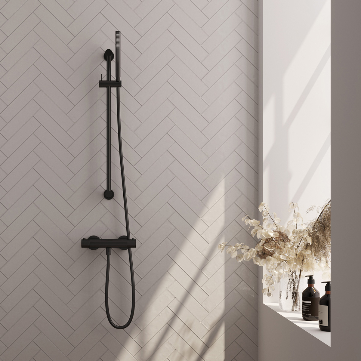 Brauer Stripe thermostatische douchekraan met glijstang en staafhanddouche zwart mat