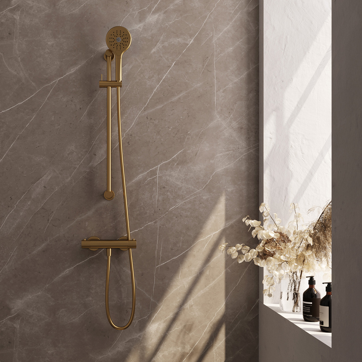 Brauer Stripe thermostatische douchekraan met glijstang en 3 standen handdouche messing geborsteld PVD