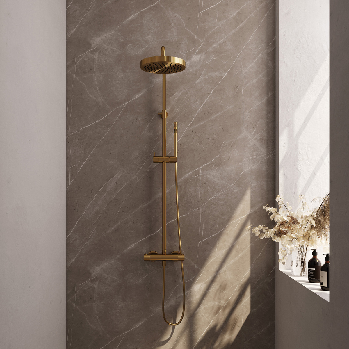 Brauer Stripe opbouw regendouche met 25cm hoofddouche en staafhanddouche messing geborsteld PVD