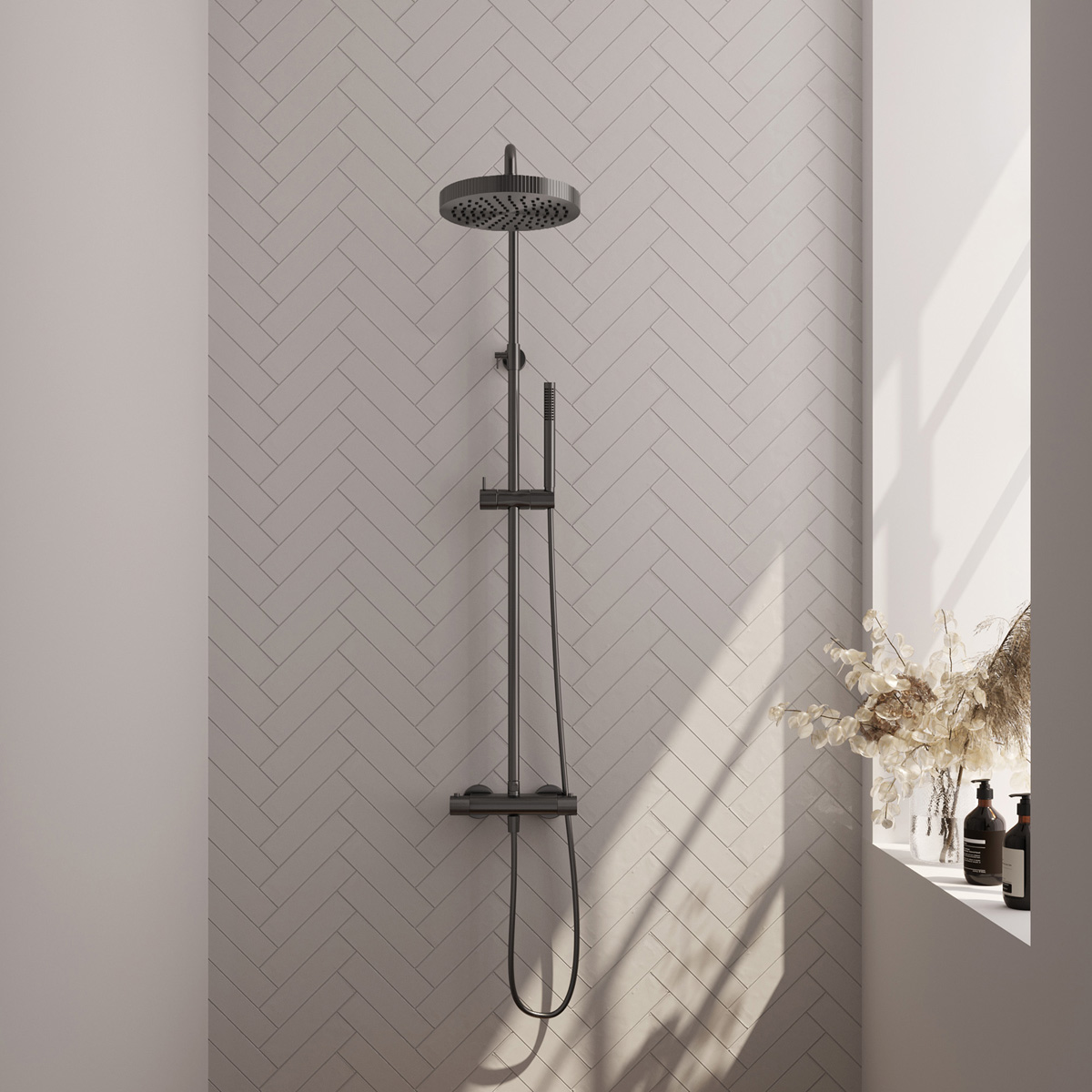 Brauer Stripe opbouw regendouche met 25cm hoofddouche en staafhanddouche gunmetal geborsteld PVD