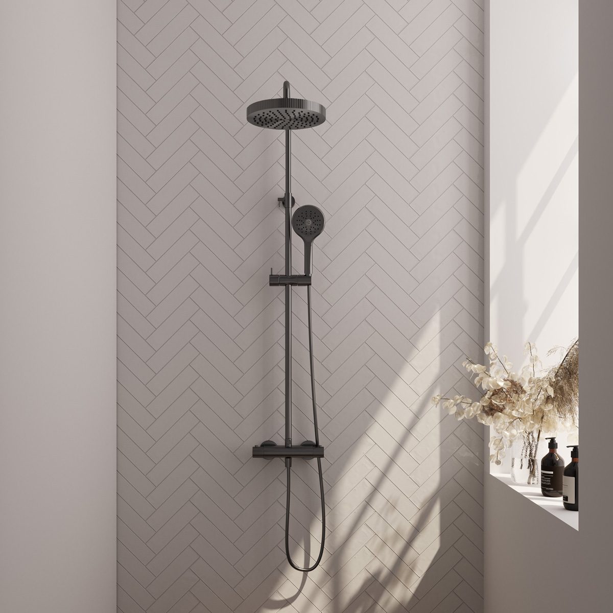 Brauer Stripe opbouw regendouche met 25cm hoofddouche en 3 standen handdouche gunmetal geborsteld PVD