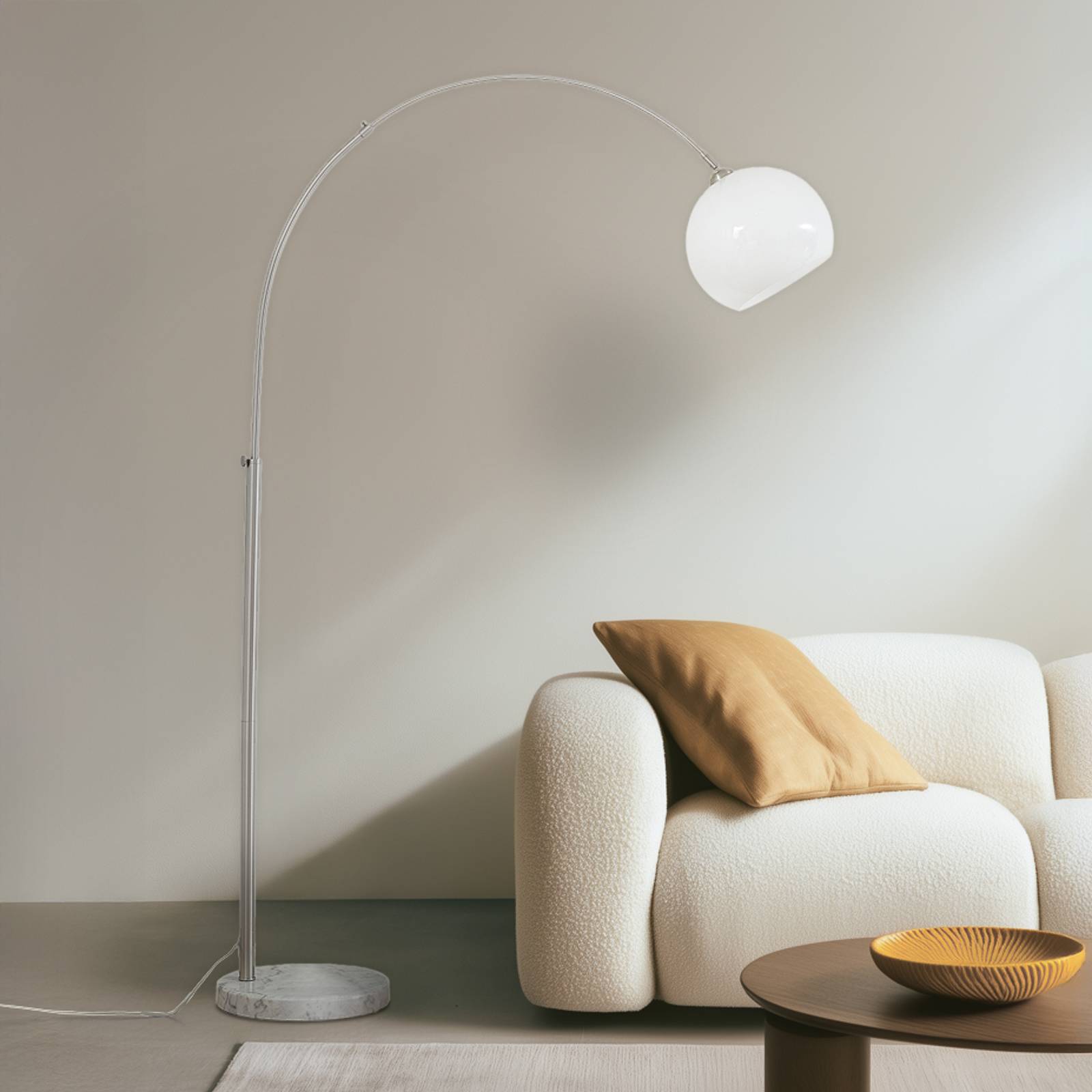 LINDBY booglamp Alverton, wit/nikkel, glas, 197 cm