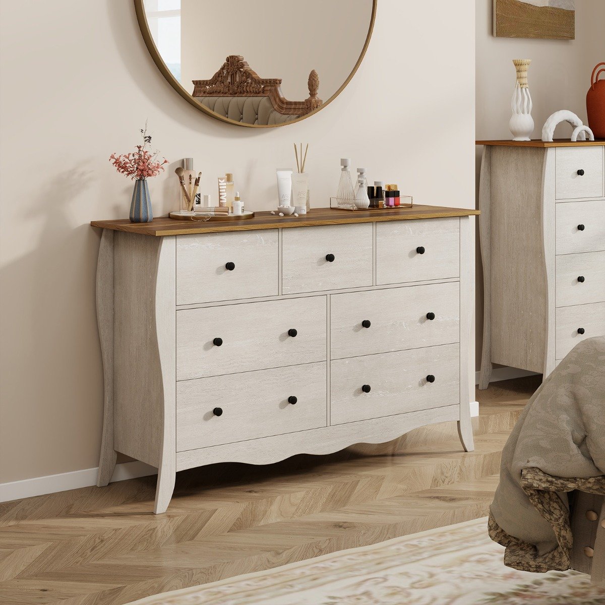 Costway Kast met 7 Opklapbare Stoffen Lades Dressoir in Landelijke Stijl Kledingkast Grijs