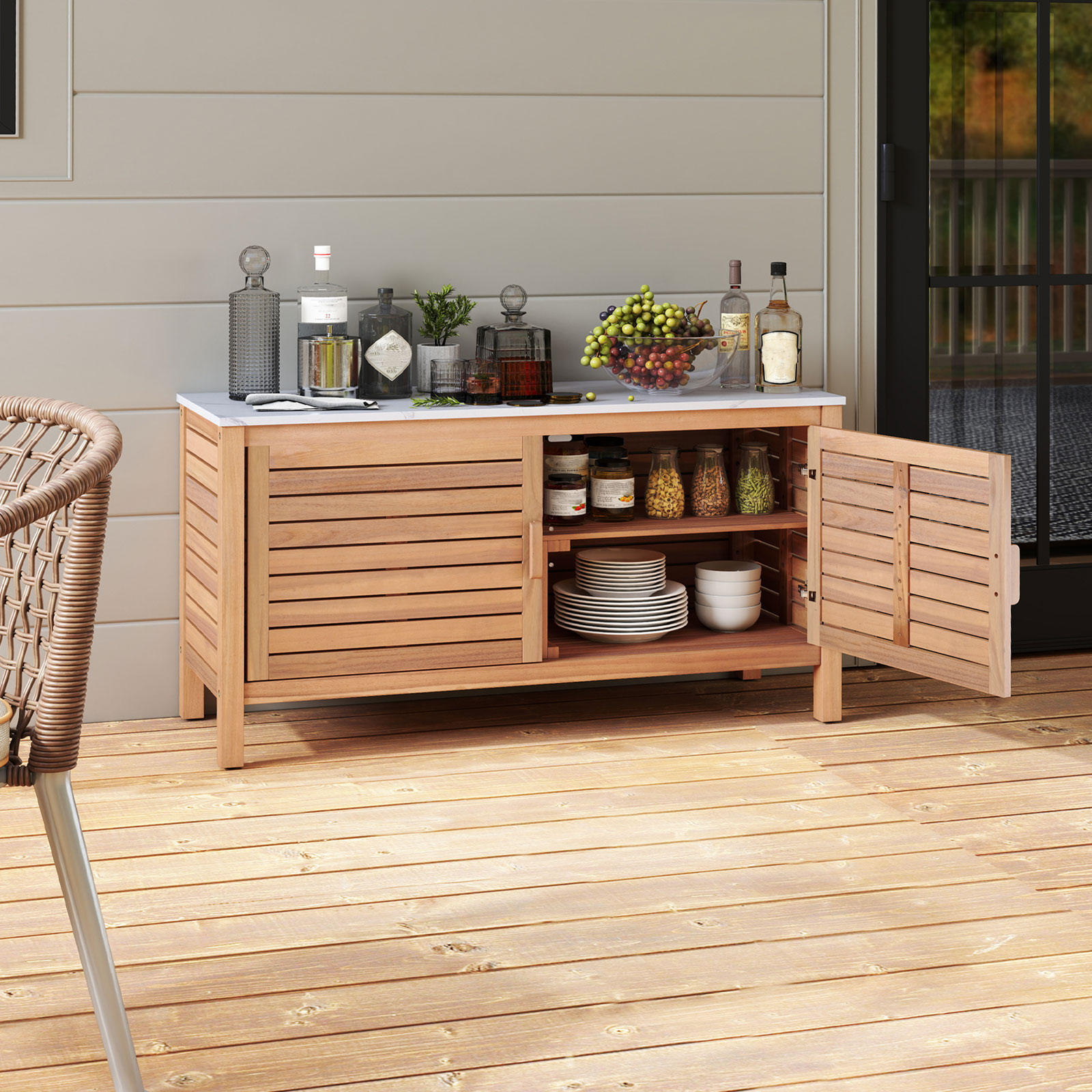 Costway Terras Kast van Hout 2-deurs Opbergkast met Kunstmarmeren Blad Rek Natuur