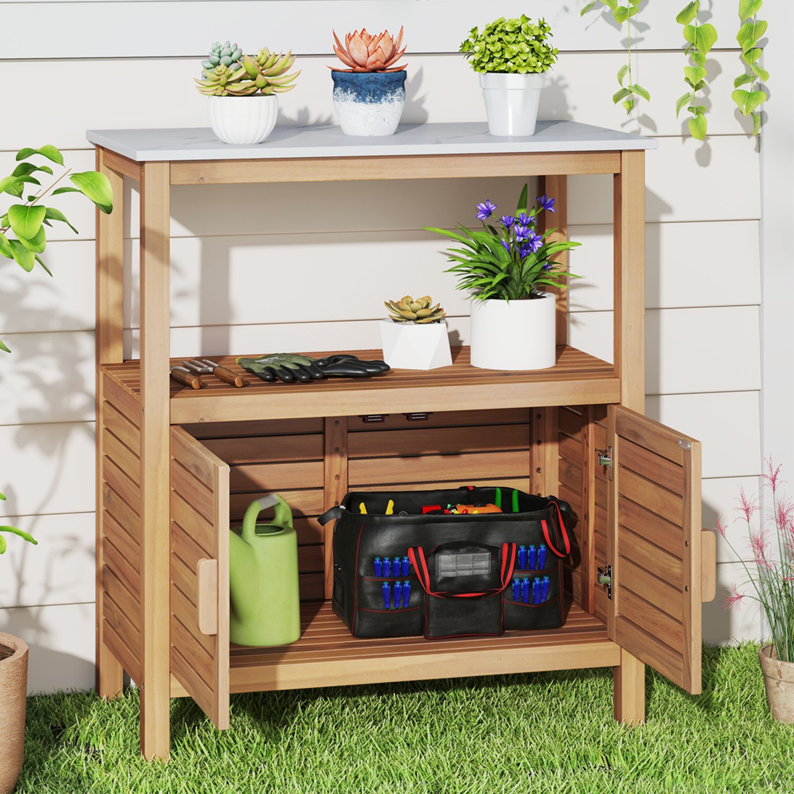 Costway Buitenwerktafel Tuinplanttafel van Acaciahout met Hars Tafelblad Opbergvak & Kast Natuurlijk