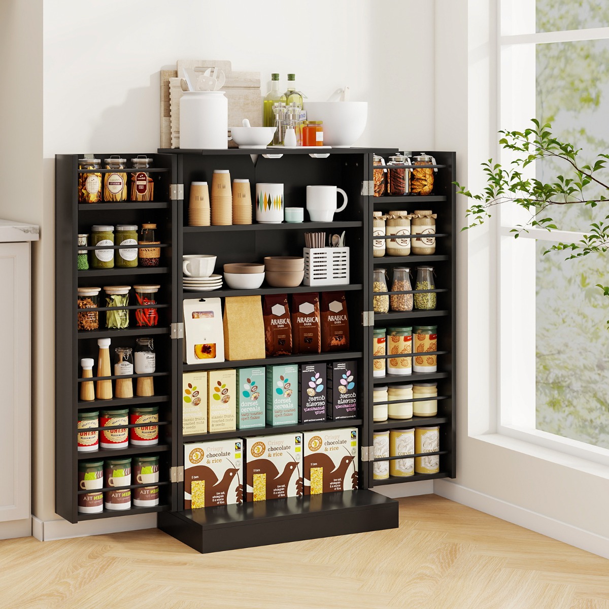 Costway 104 cm Hoge Voorraadkast Keukenkast met Deuren en Verstelbare Planken Vrijstaand Buffet-sideboard Zwart