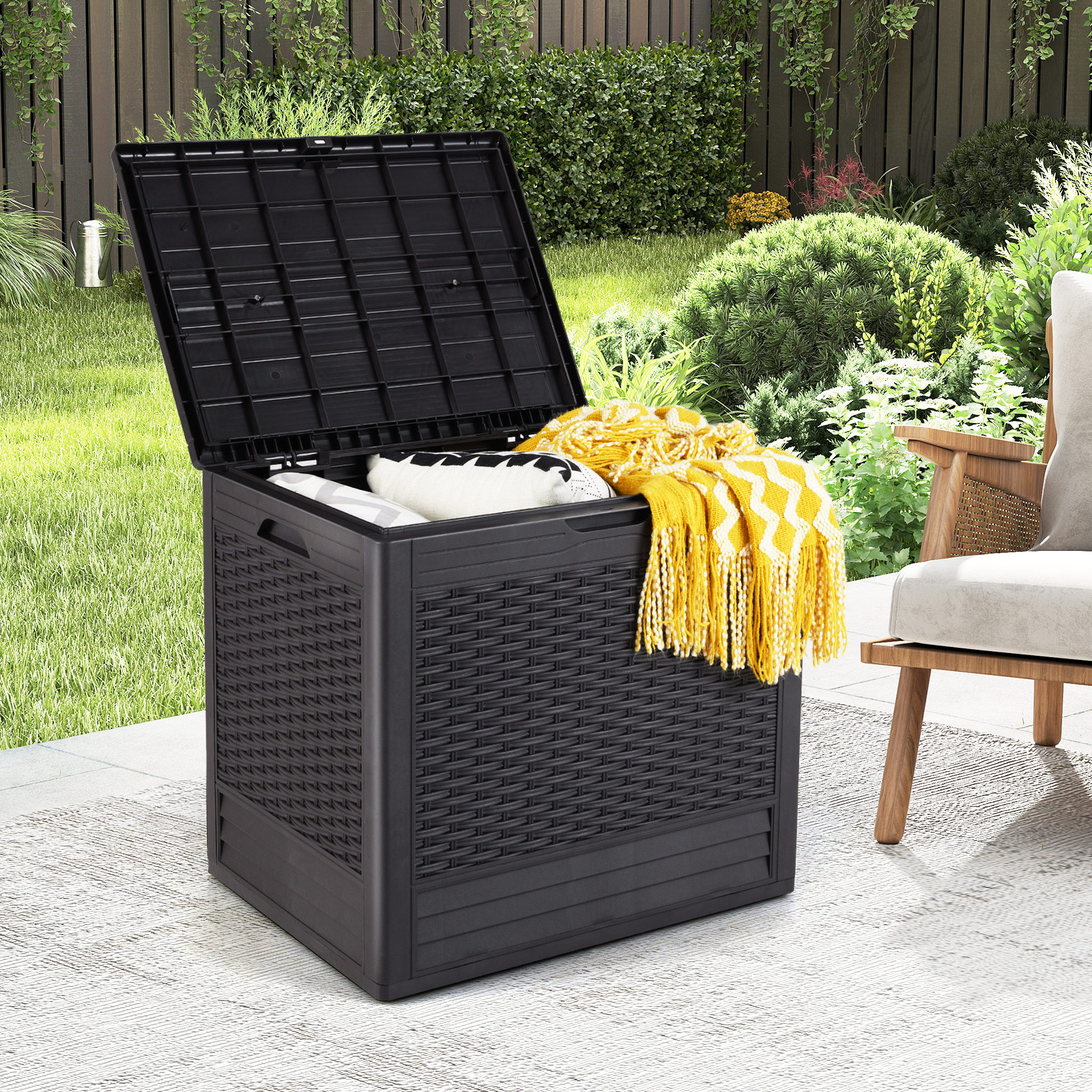 Costway 96 L Opbergdoos Outdoor Kussenbox met PP-deksel Rattanpatronen & Afsluitbaar Deksel Bruin