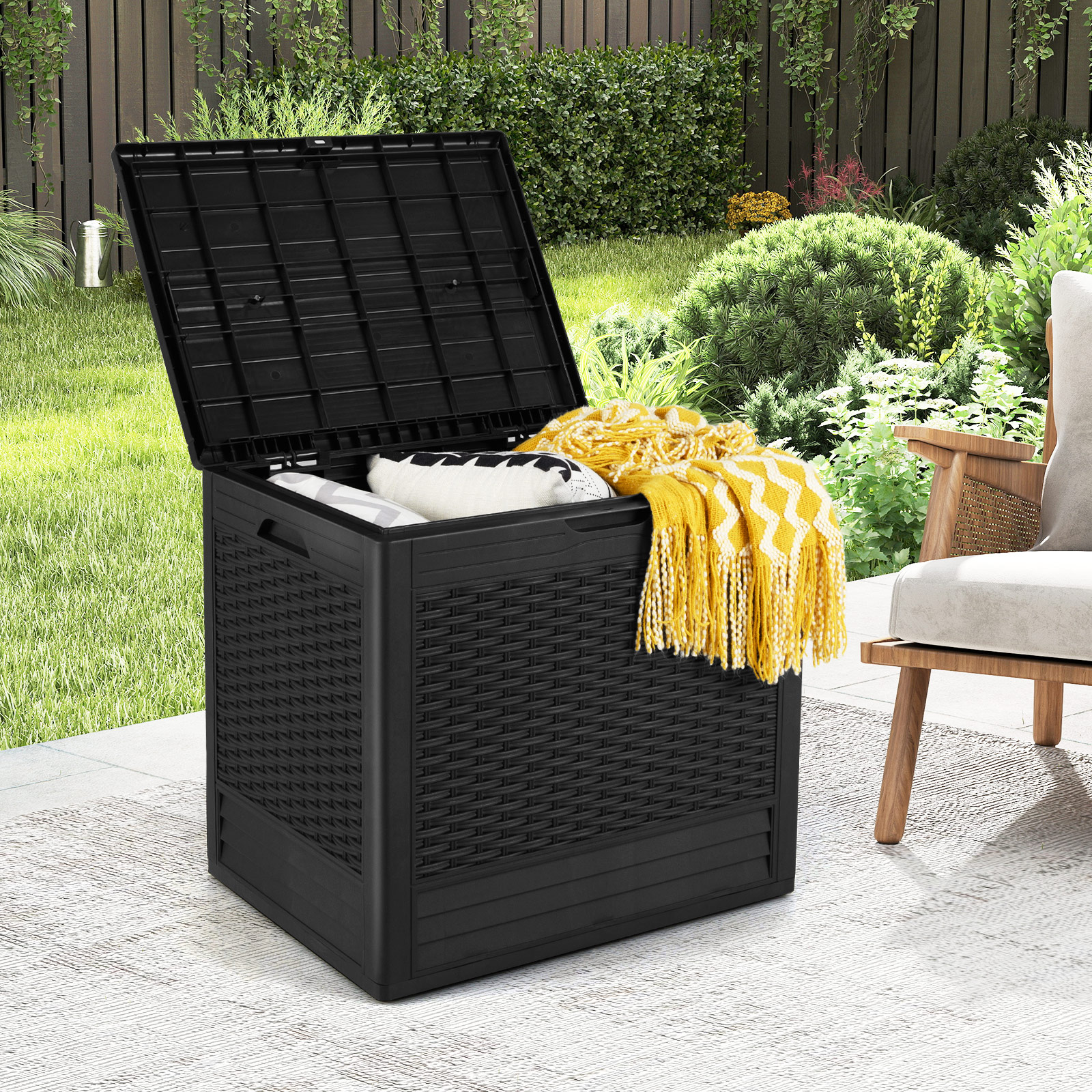 Costway 96 L Opbergdoos Outdoor Kussensbox met PP-deck Rattanpatronen & Afsluitbaar Deksel Zwart