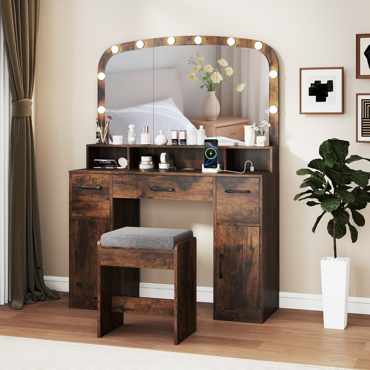 Costway Make-up Tafel met Make-up Kruk & 3 Lichtkleuren LED-spiegel & Oplaadstation Kaptafel Bruin