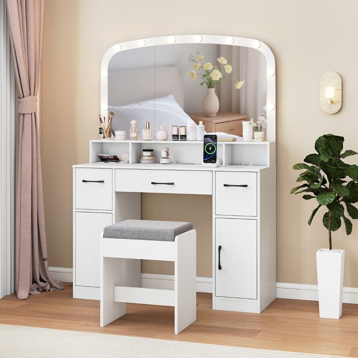 Costway Make-up Tafel met Make-up Kruk & 3 Lichtkleuren LED-spiegel & Oplaadstation Kaptafel Wit