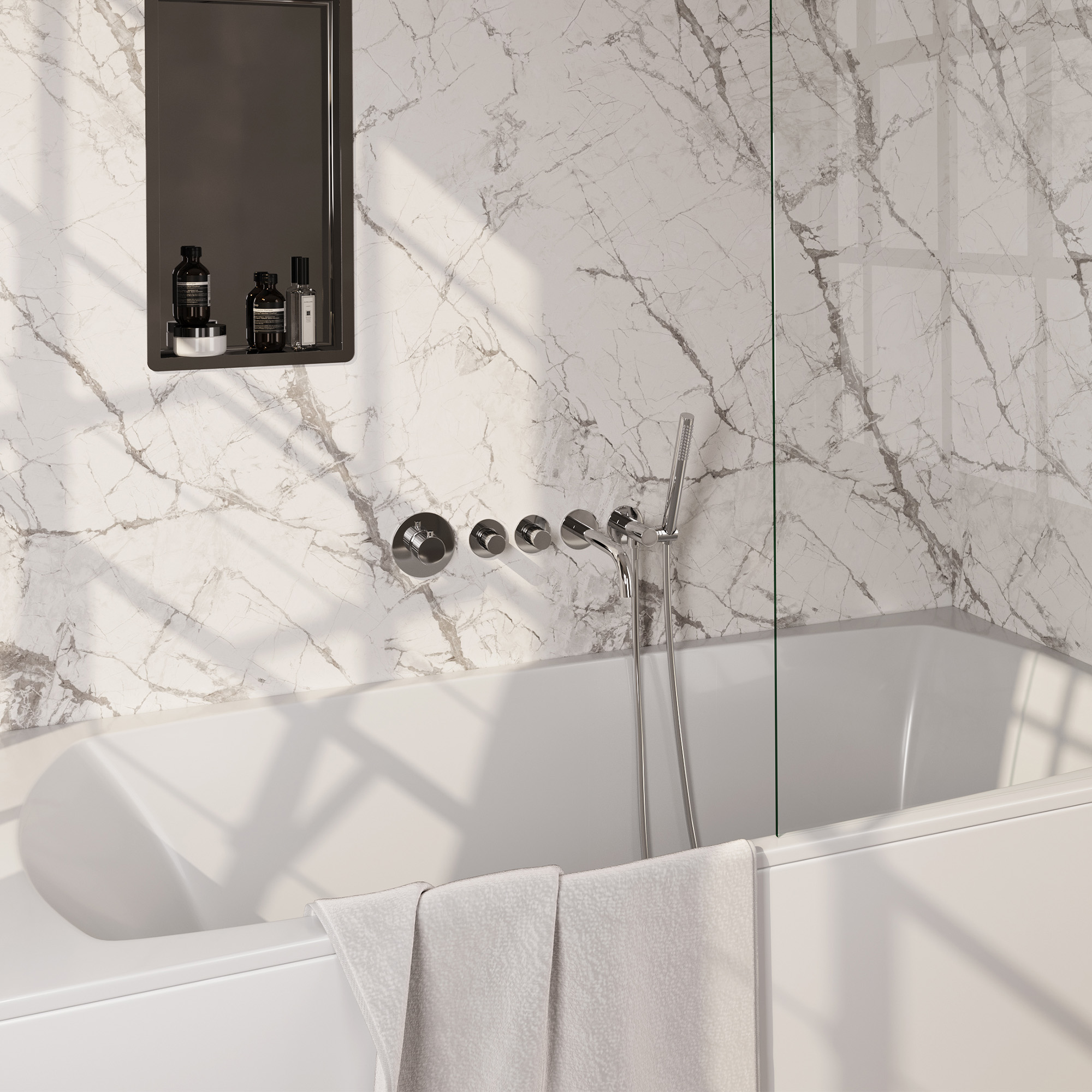Brauer Stripe thermostatische inbouw badkraan SET 01 met uitloop en staaf handdouche en doucheslang en wandaansluitbocht chroom