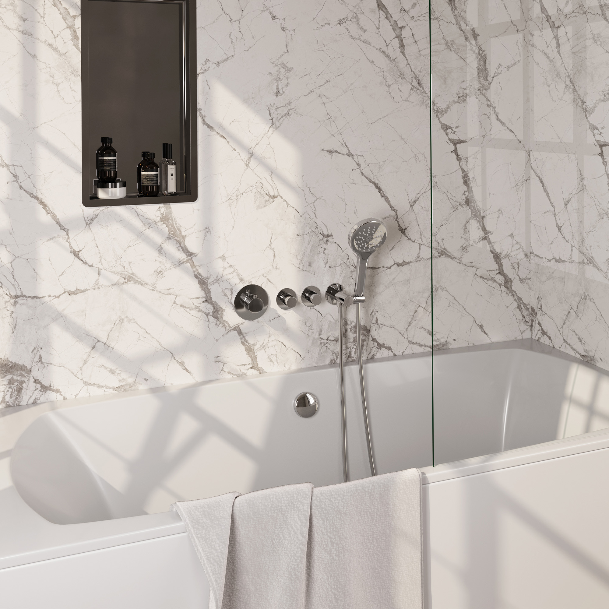Brauer Stripe thermostatische inbouw badkraan SET 02 met badvulcombinatie en 3-standen handdouche en doucheslang en wandaansluitbocht chroom