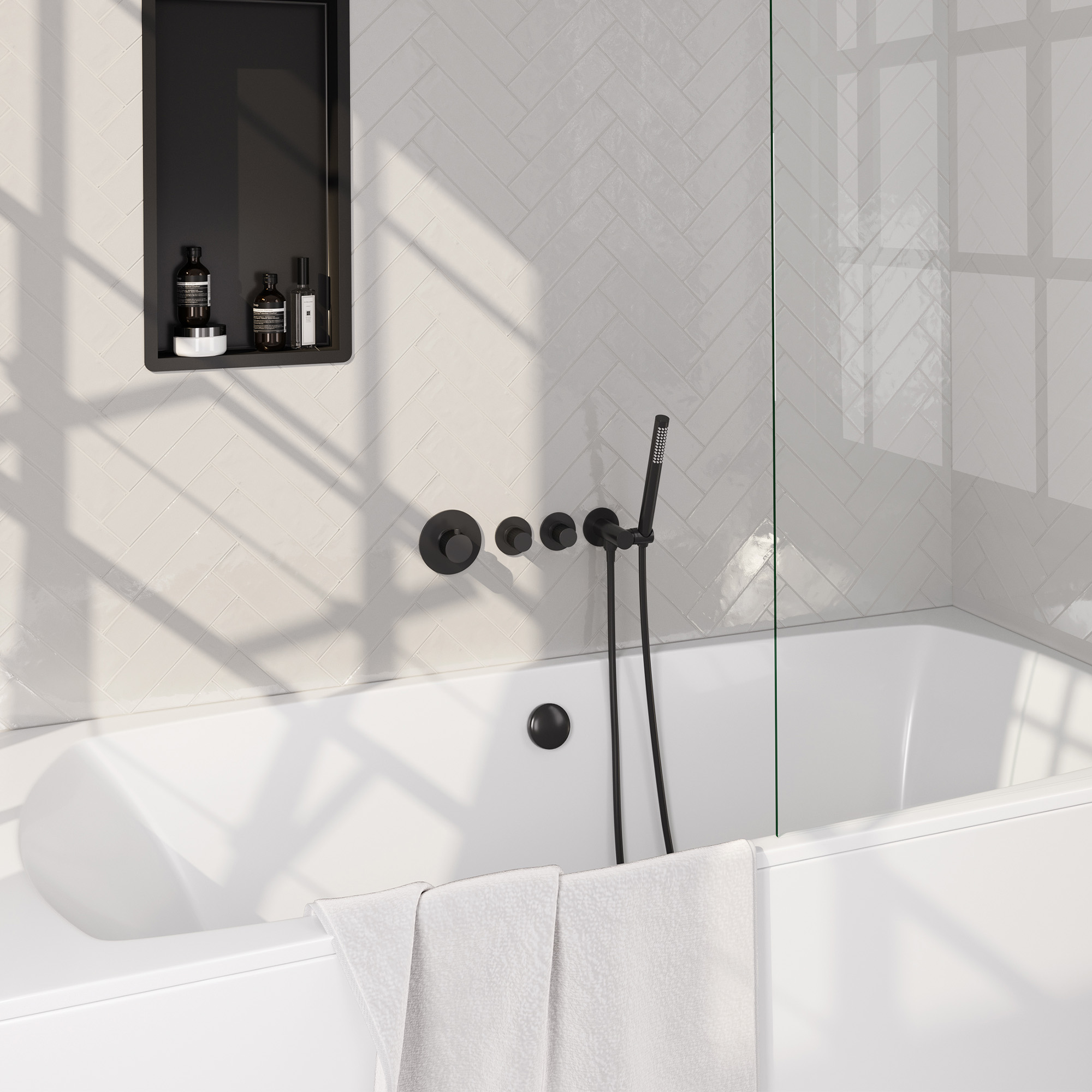Brauer Stripe thermostatische inbouw badkraan SET 01 met badvulcombinatie en staaf handdouche en doucheslang en wandaansluitbocht mat zwart