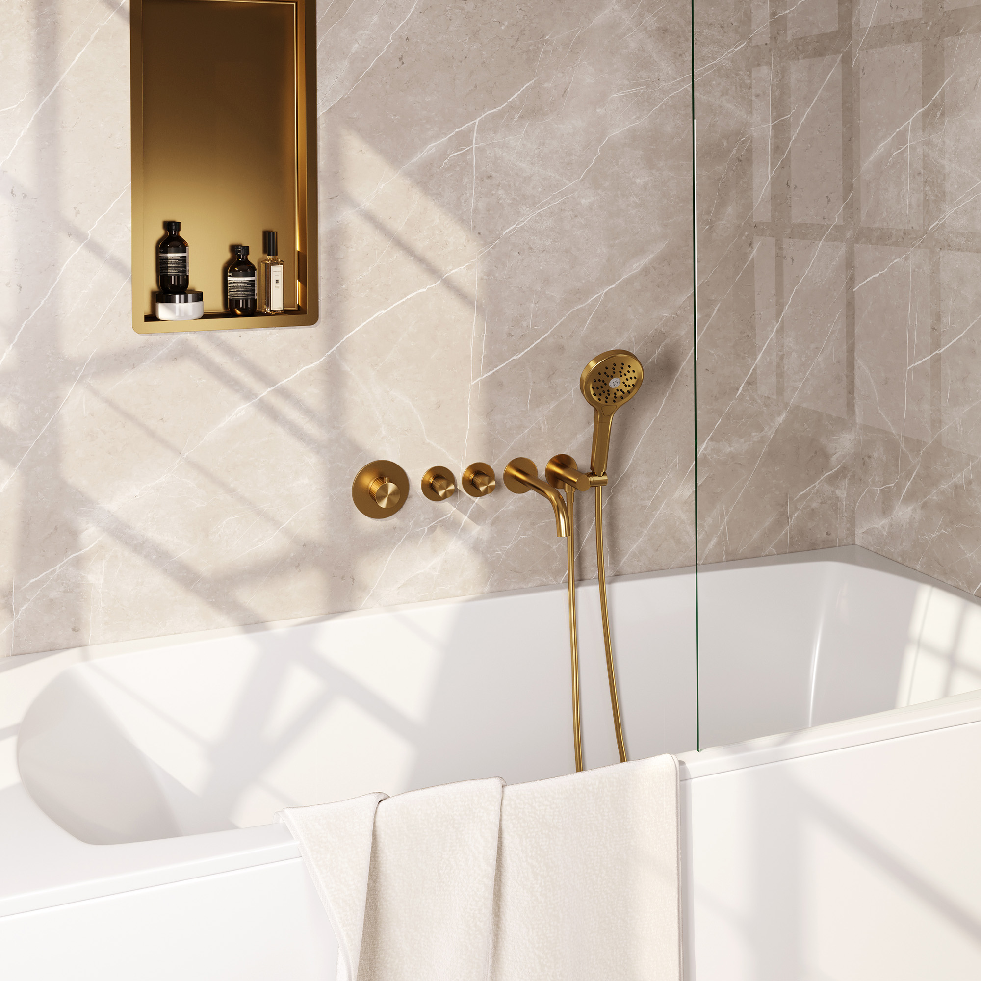 Brauer Stripe thermostatische inbouw badkraan SET 02 met uitloop en 3-standen handdouche en doucheslang en wandaansluitbocht goud geborsteld PVD