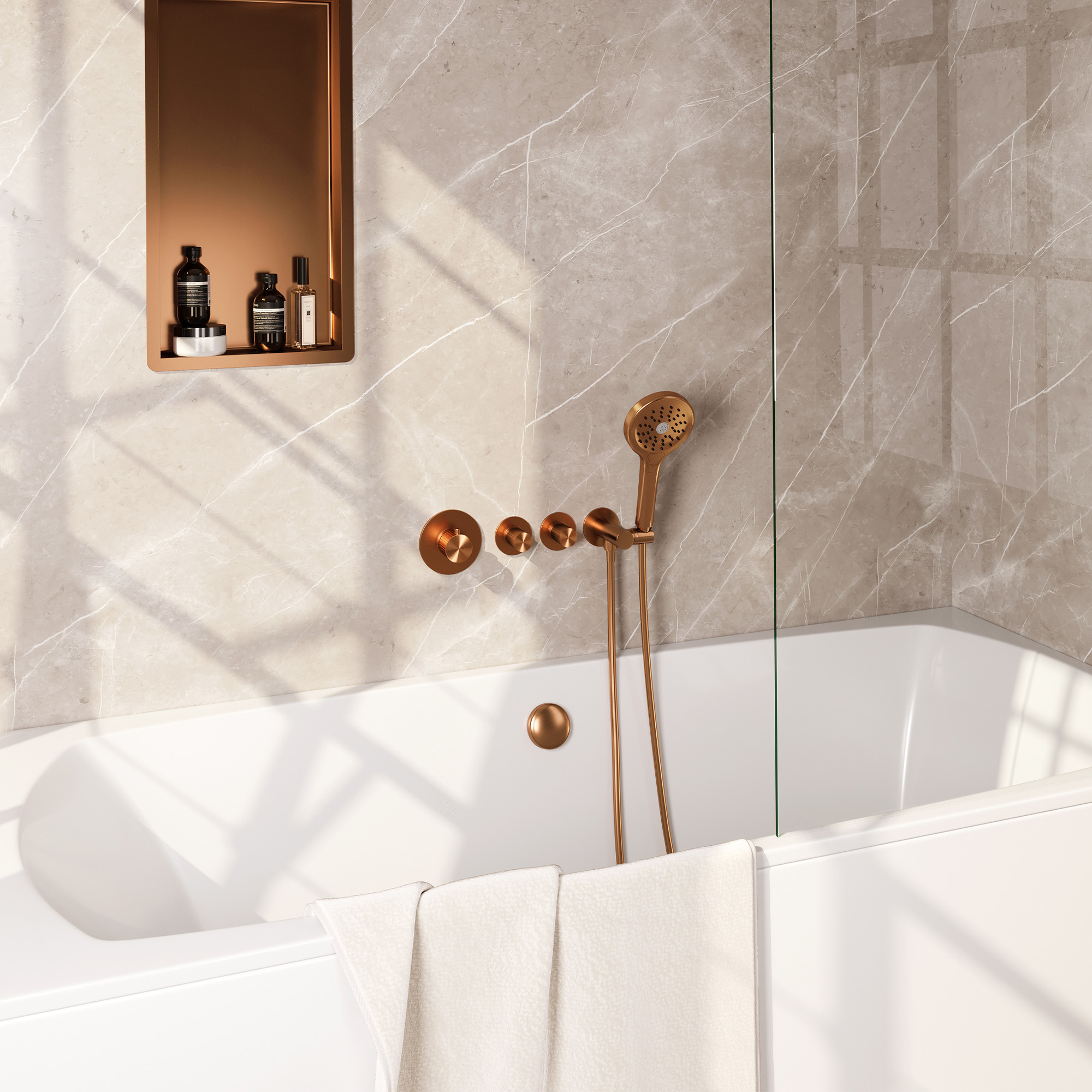 Brauer Stripe thermostatische inbouw badkraan SET 02 met badvulcombinatie en 3-standen handdouche en doucheslang en wandaansluitbocht koper geborsteld PVD
